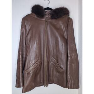 VTG Tiboa Leathers Braided Leather Jacket Fox Fur Hood Sz M